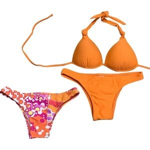 Recco Size Small Brazilian Orange Bikini Top & Solid & Printed Bottom. New